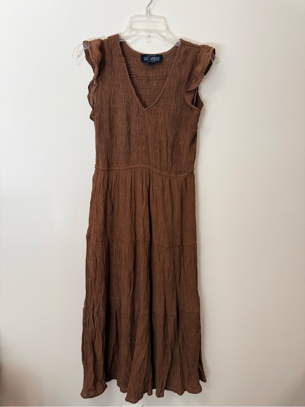 Sweet Wanderer Brown Tiered V-Neck Maxi Dress with Flutter Sleeves